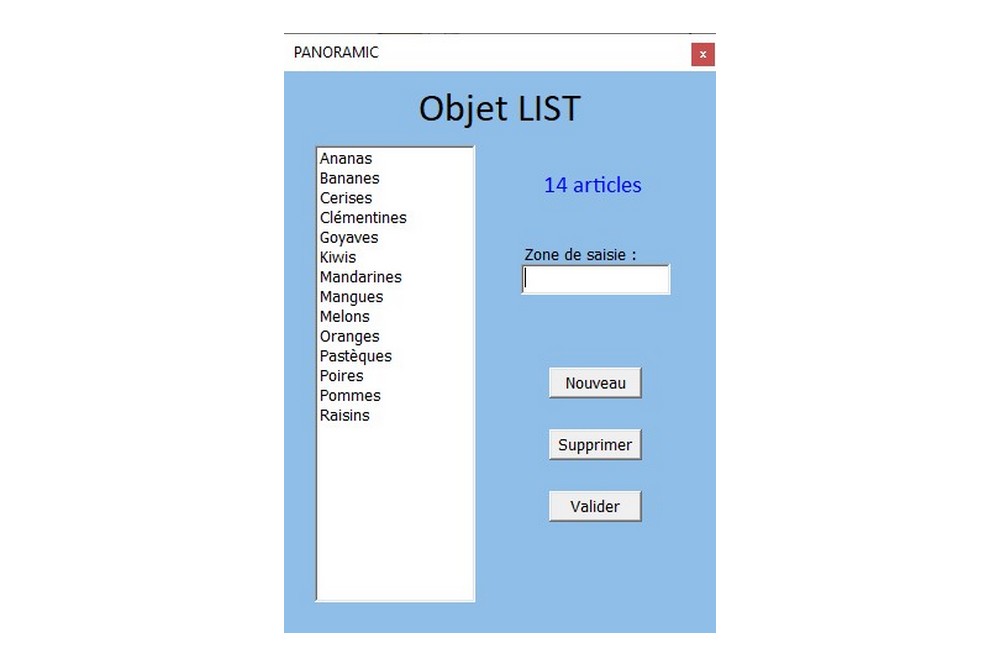 Aperçu Créer une liste d'articles avec l'objet LIST