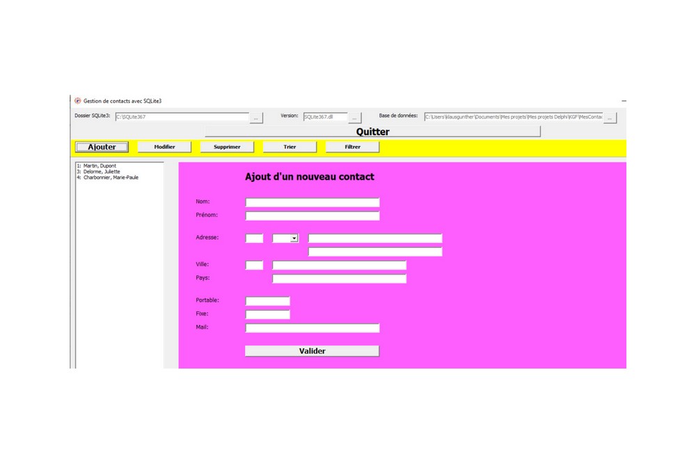 Aperçu Gestionnaire de contacts avec SQLite3