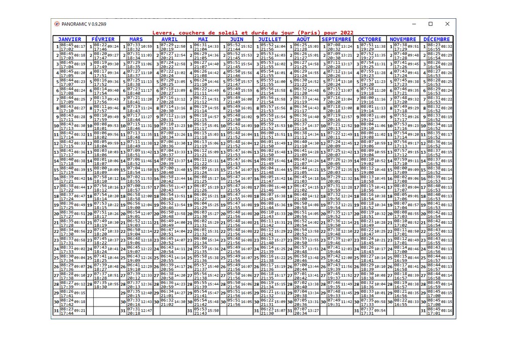Aperçu Calendrier des levers et couchers du soleil