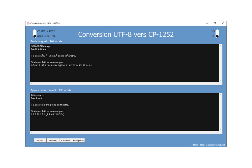 Aperçu Conversion UTF8 <--> CP-1252 (ANSI)