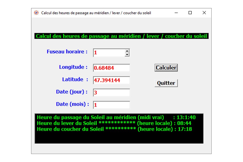 Aperçu Calcul des heures de passage au méridien