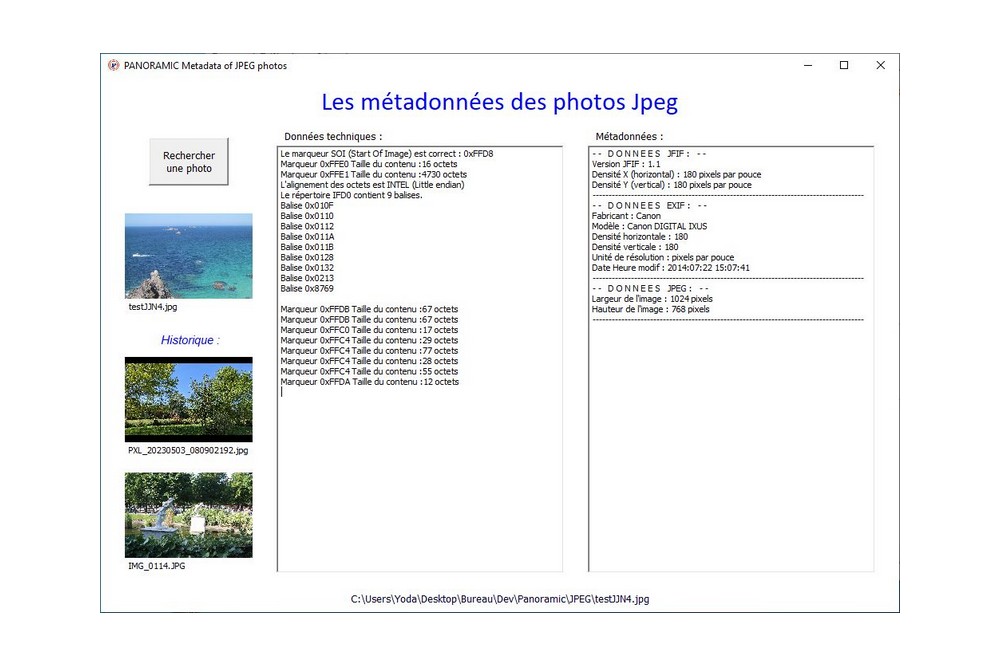 Aperçu Photo : extraction de quelques métas données