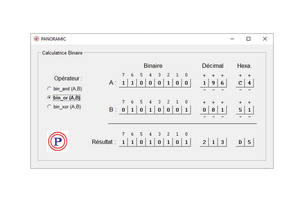 Aperçu Calculatrice 8 bits : AND, OR, XOR